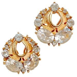 VTG Mid Century Clip On Earrings Gold Tone Rhinestone 1950s Cocktail Jewelry